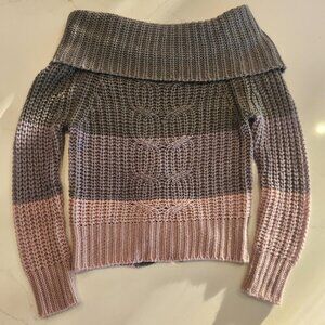 Rare Derek Heart Sz S off-shoulder Chunky Knit Sweater Pink Gray Tie Back Chic